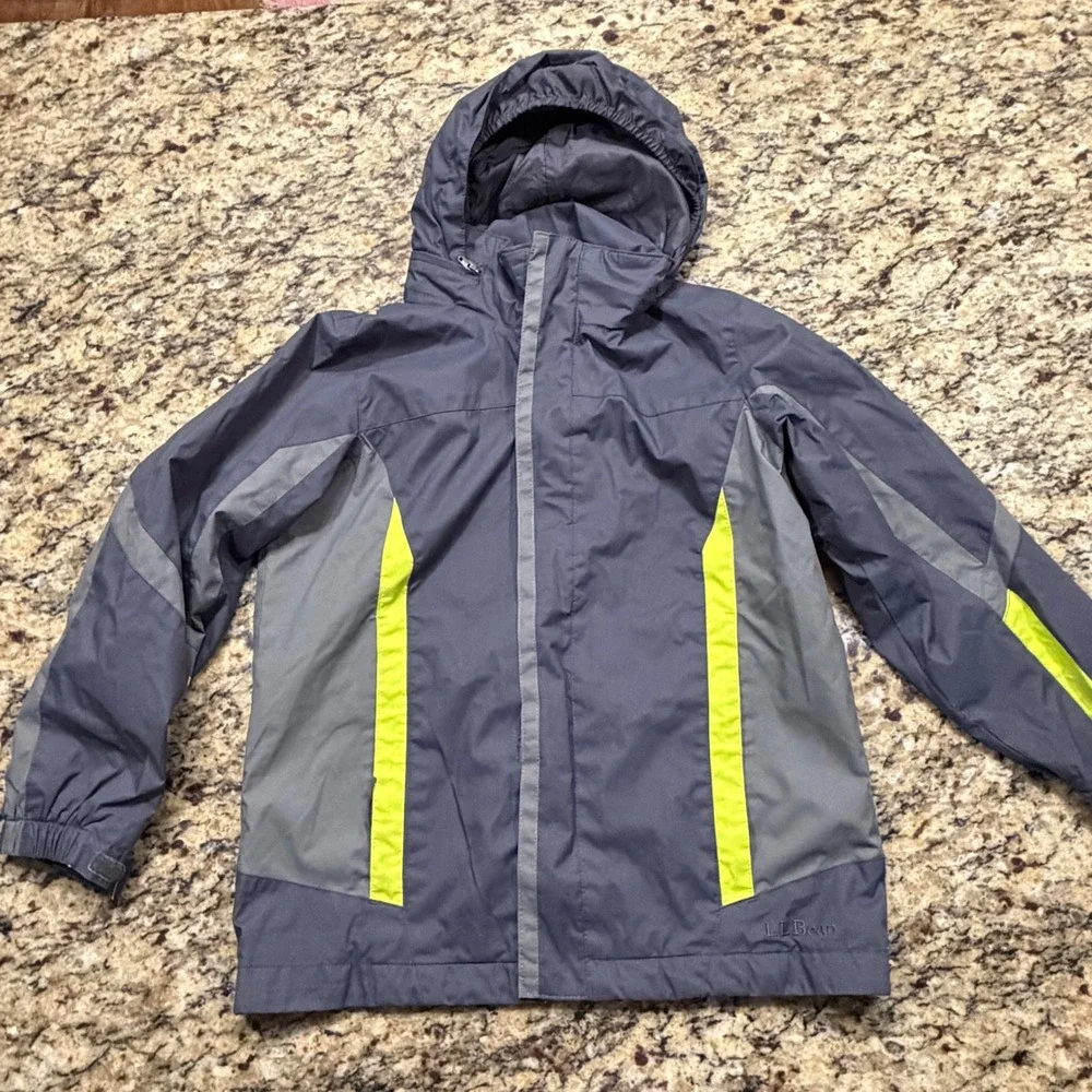 LL Bean Kids Gray Neon Green Hooded Rain Jacket Size L 6X/7 Colorblock Shell